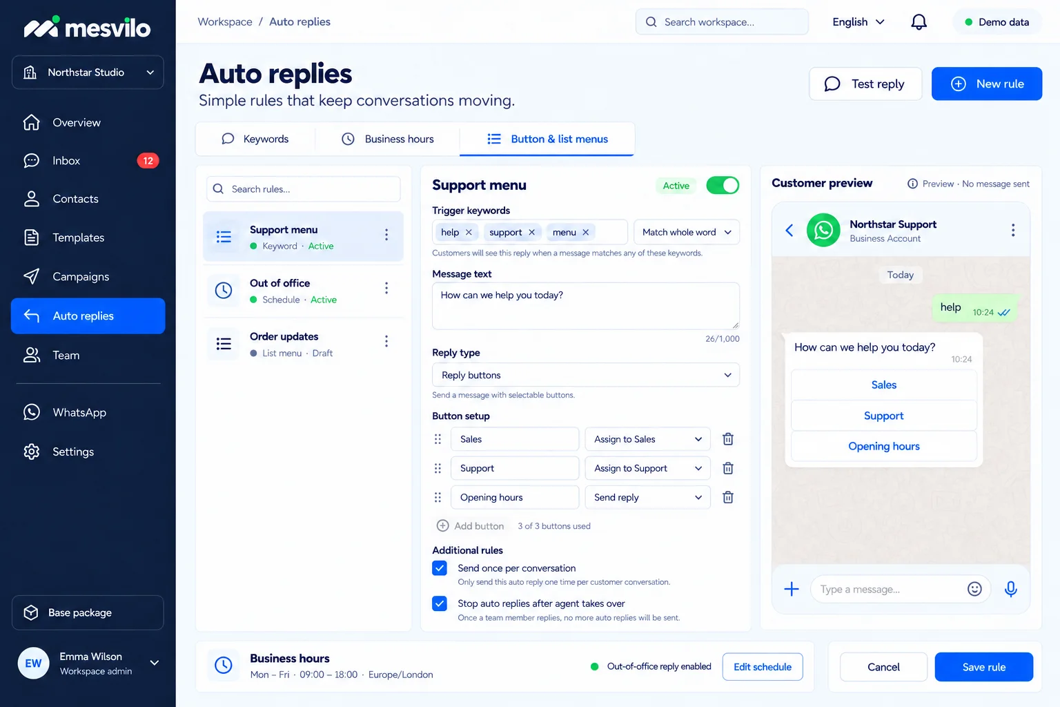 Keyword rules, business hours and button menus