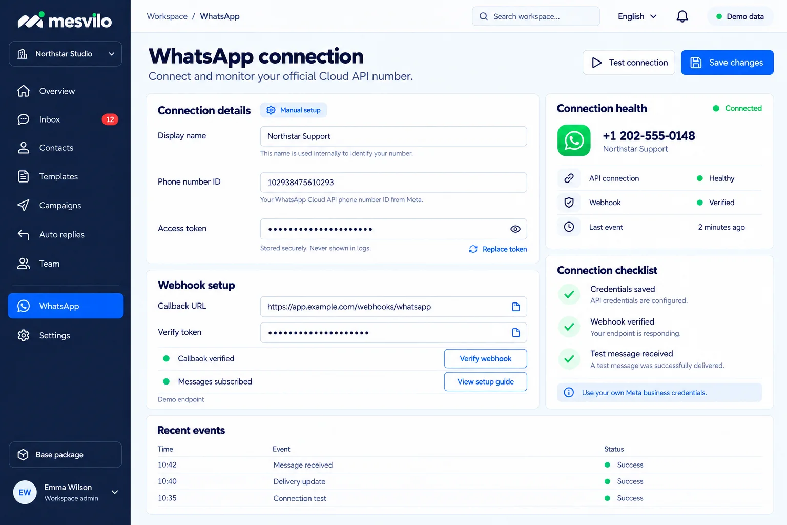Official Cloud API connection and health